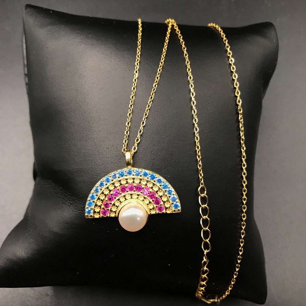 925 Sterling Silver Rainbow multiple stone Pearl necklace size 18”adjustable